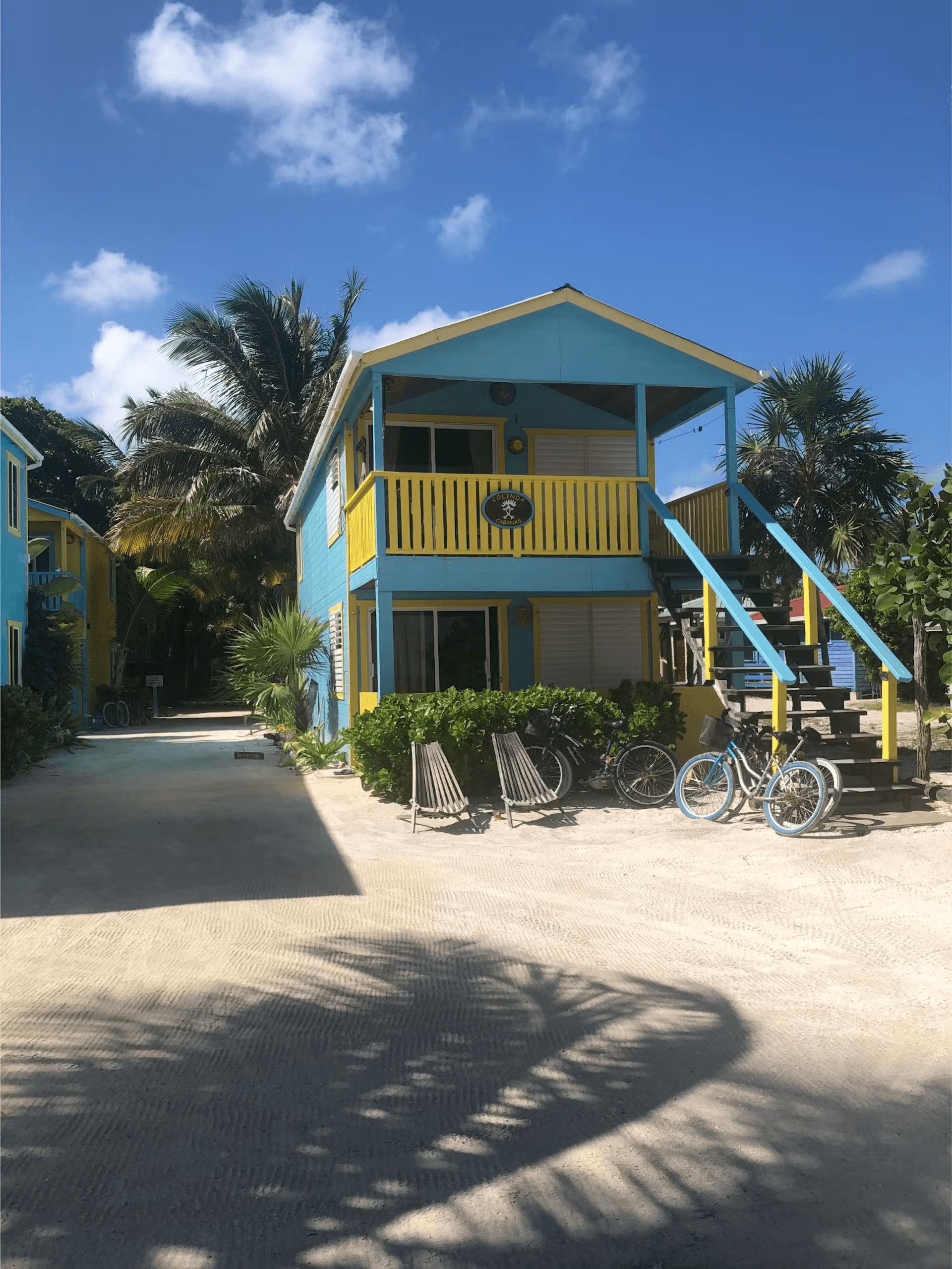 Sandy beach leading to brightly colored cabana surrounded by palm trees