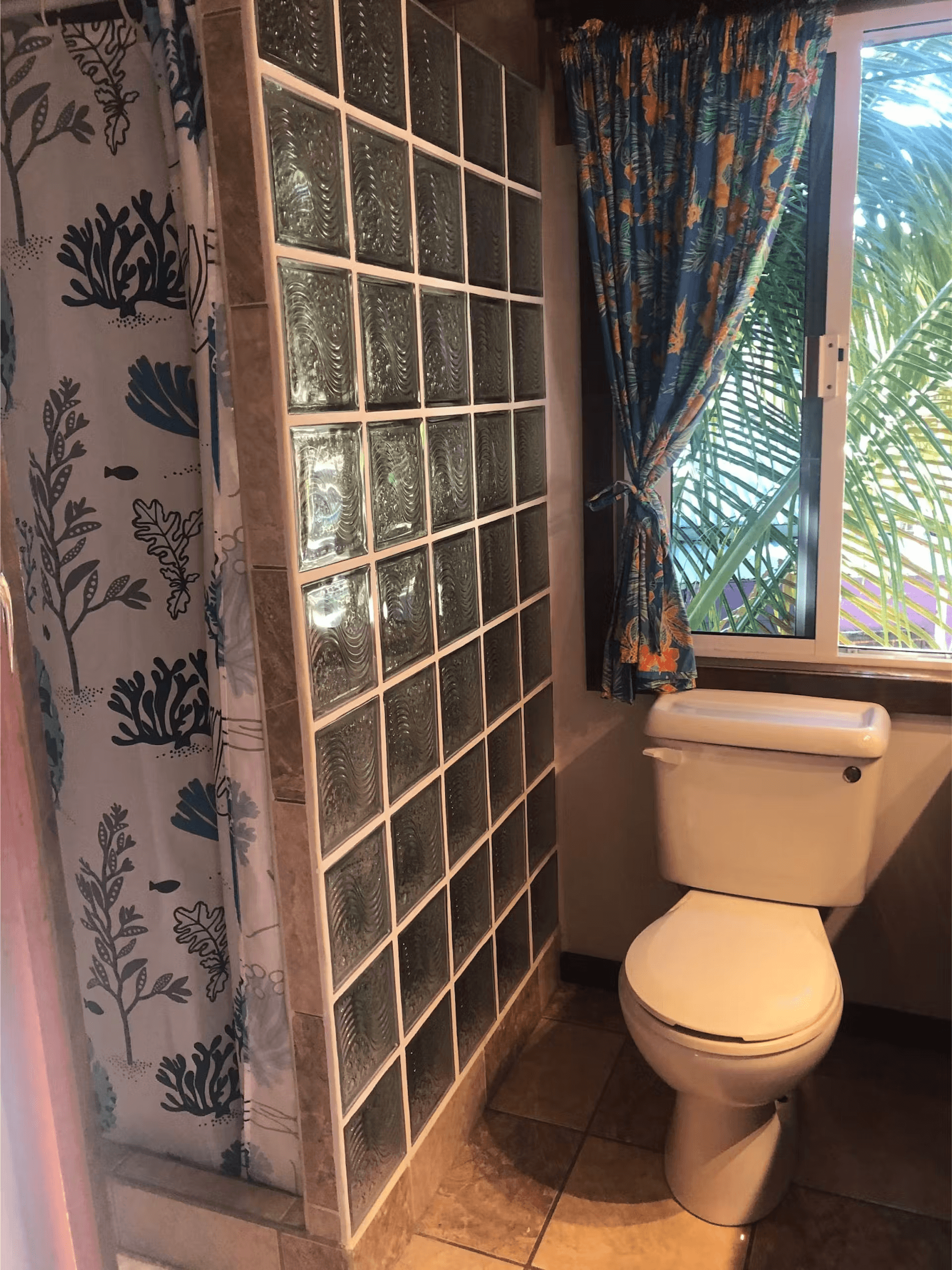 Enclosed shower, window with curtain above toilet