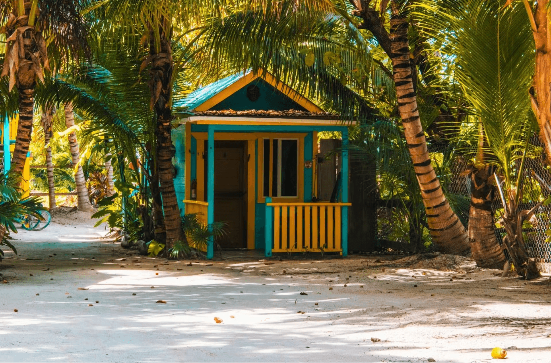 Exterior of cheerfully painted blue and yellow ground-level tiny house