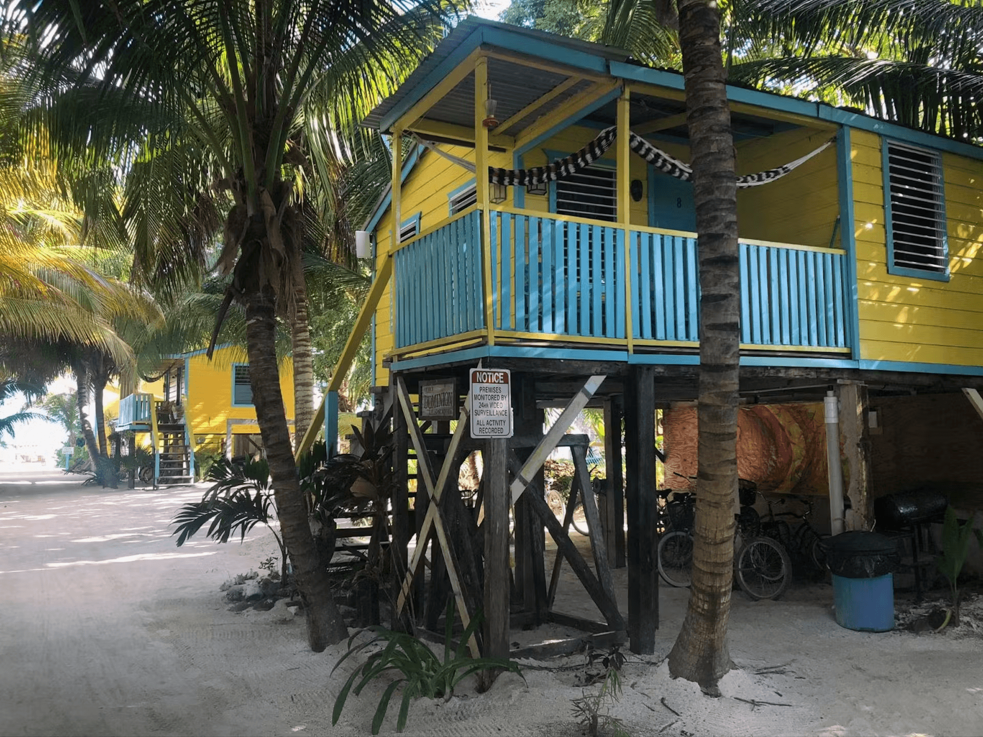 Exterior of a colorful blue and yellow cabana with stairs leading to second level, with palm trees and tropical foliage growing nearby