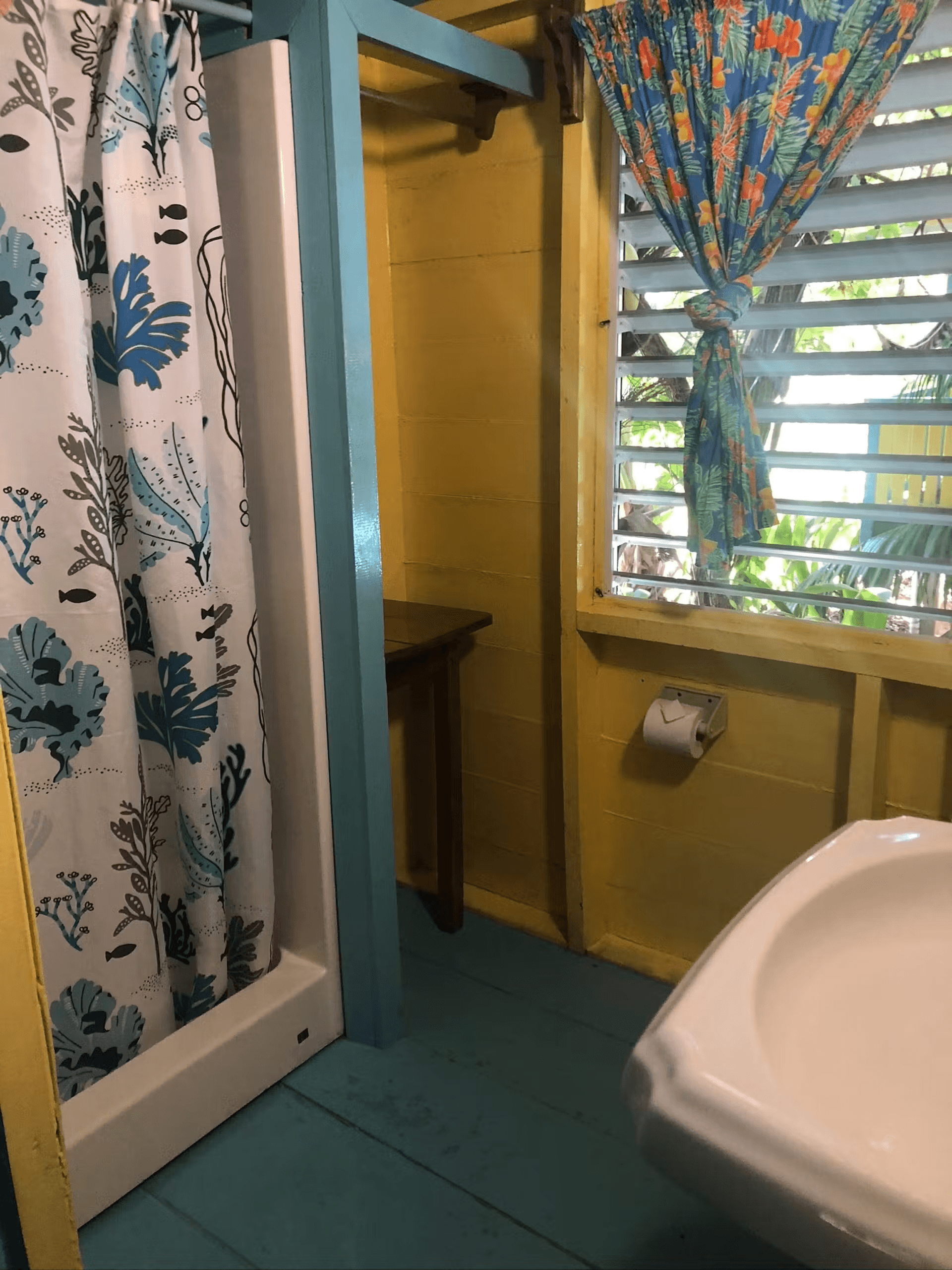 Yellow and blue painted bathroom with white pedestal sink and step-in shower