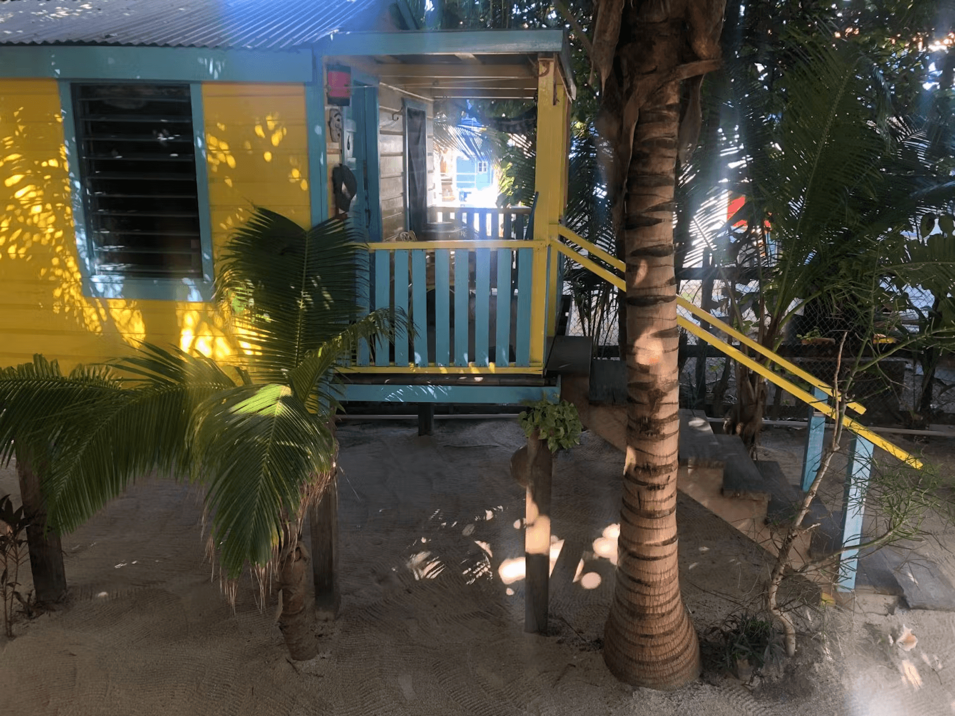 Side view of brightly painted blue and yellow cabana with stairs leading to balcony and palm tree and tropical foliage growing beside