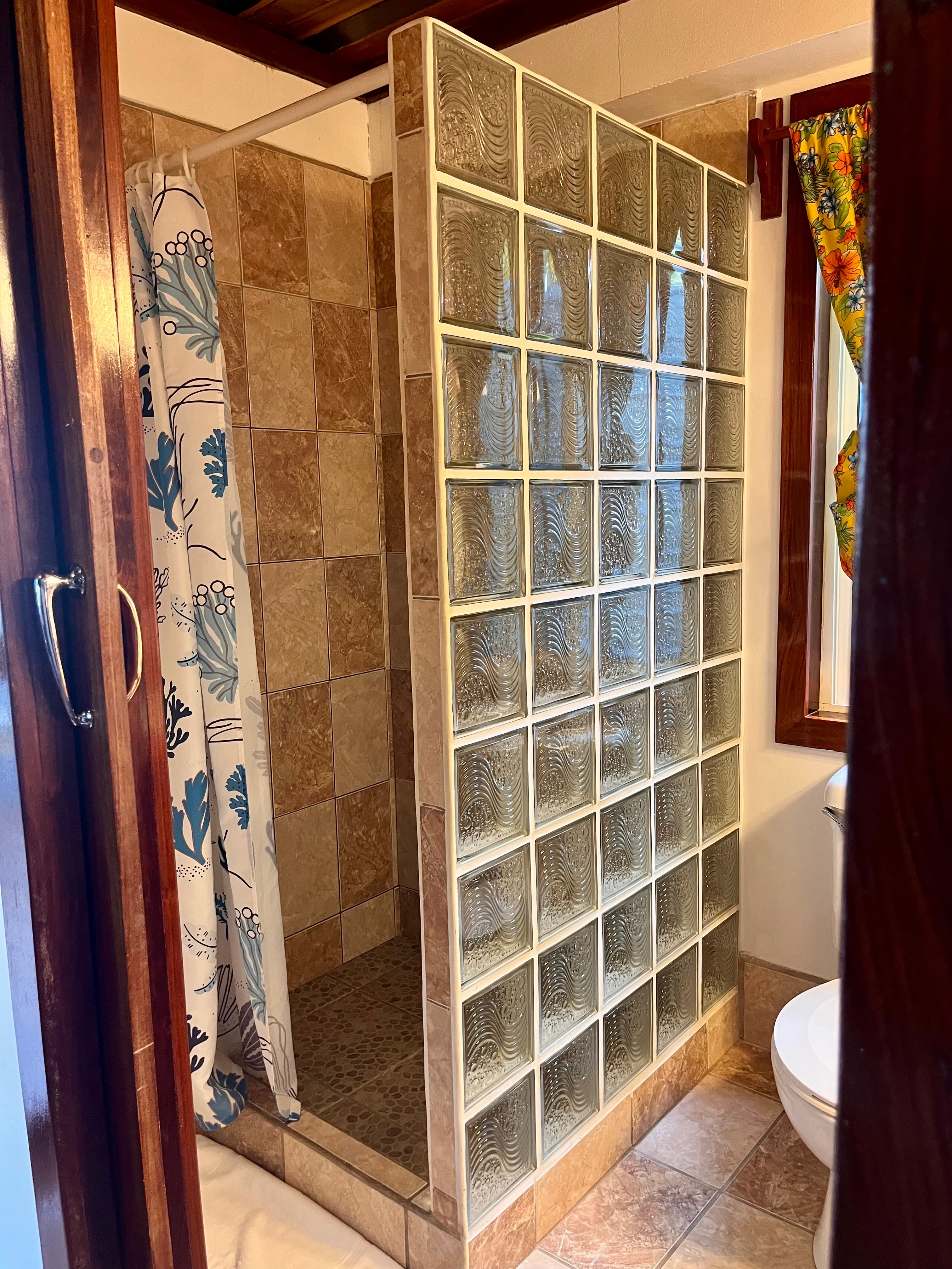 A modern bathroom featuring a glass block shower enclosure and decorative shower curtain.